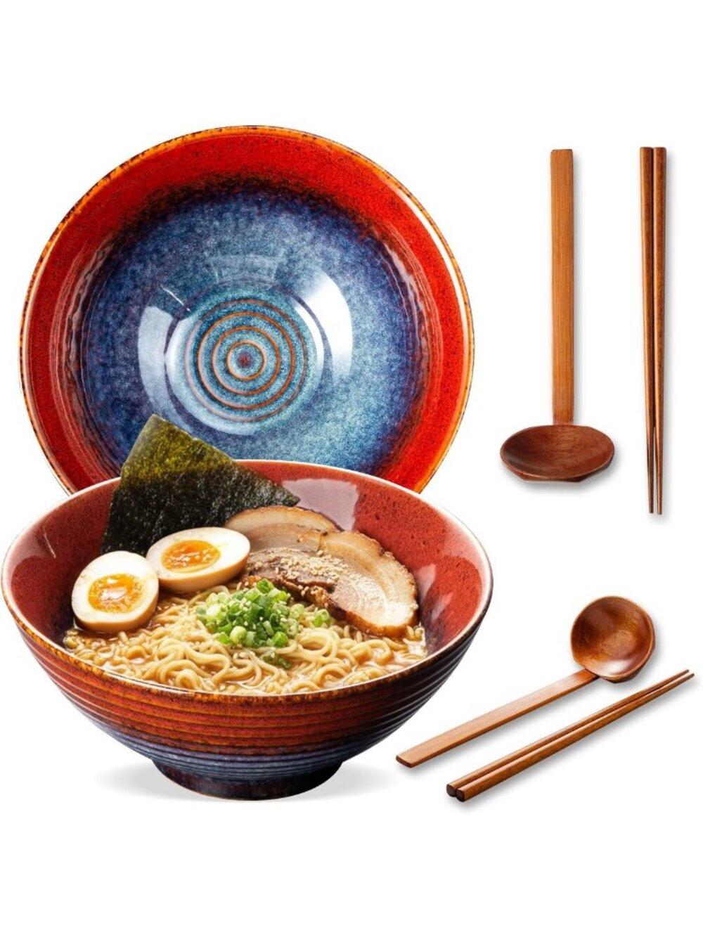 Set of 2 Durable 8" Ceramic Ramen Bowls with Spoons & Chopsticks - Microwave